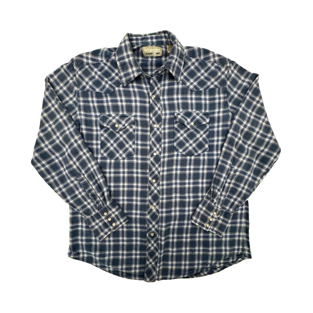 Wrangler Wrancher Men's L Blue White Plaid Flannel Long Sleeve Button-Up Pockets